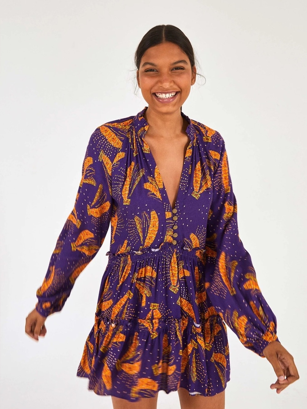 Farm Rio Purple Banana Print Mini Dress Size M Tropical Boho V Neck Dress